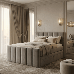 Piano bed in taupe velvet stof met luxe hoofdbord en stijlvolle uitstraling