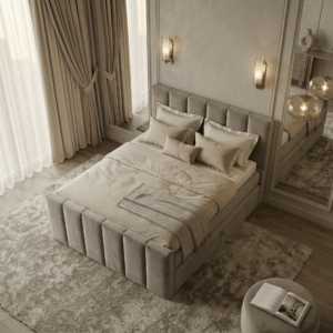 Piano bed in taupe velvet stof schuin van boven gefotografeerd in luxe slaapkameropstelling