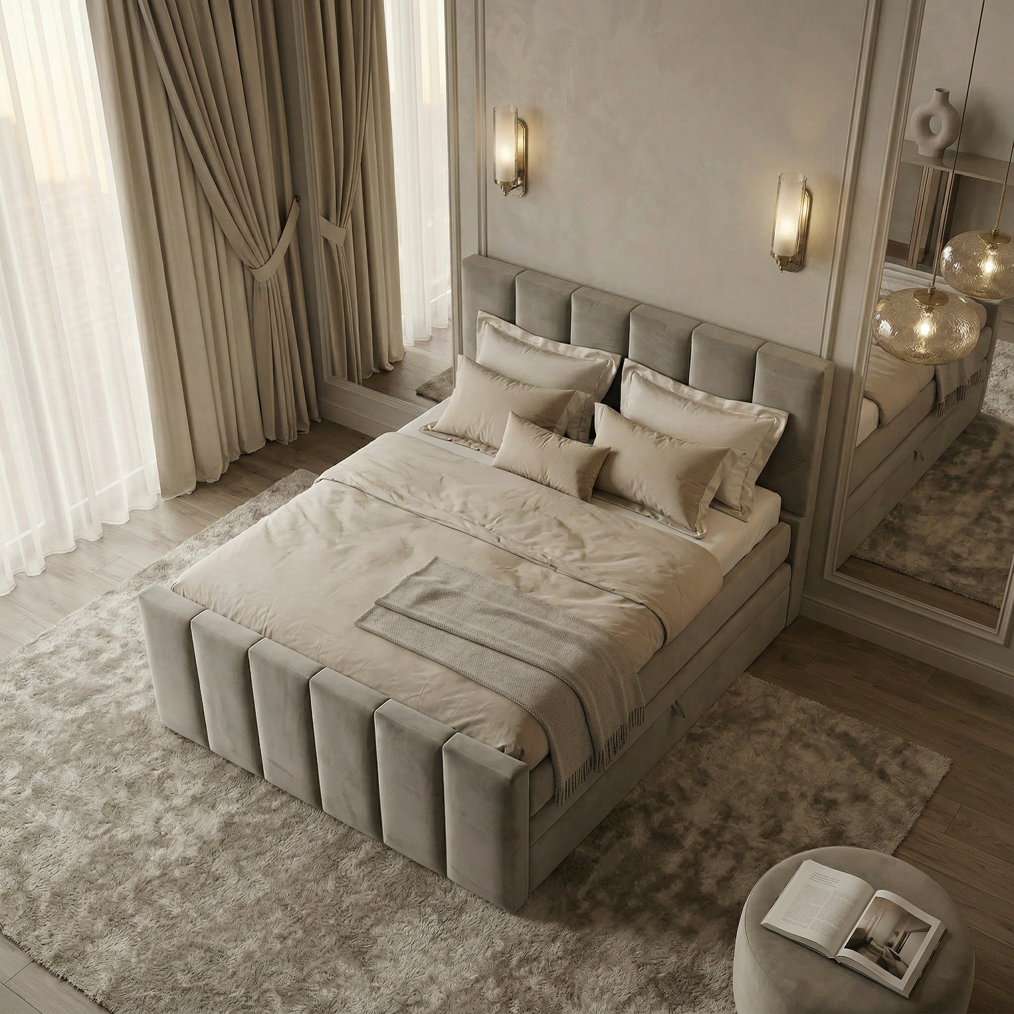 Piano bed in taupe velvet stof schuin van boven gefotografeerd in luxe slaapkameropstelling