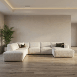 Minimalistische bankstel in moderne uitstraling, uitgevoerd in een strakke en tijdloze vormgeving. Afmeting circa 230 x 385 x 170 cm, ruim opgezet en geschikt voor een comfortabele zithoek.