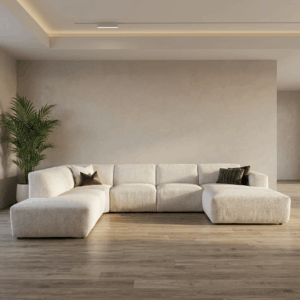 Minimalistische bankstel in moderne uitstraling, uitgevoerd in een strakke en tijdloze vormgeving. Afmeting circa 230 x 385 x 170 cm, ruim opgezet en geschikt voor een comfortabele zithoek.