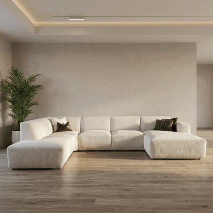 Minimalistische bankstel in moderne uitstraling, uitgevoerd in een strakke en tijdloze vormgeving. Afmeting circa 230 x 385 x 170 cm, ruim opgezet en geschikt voor een comfortabele zithoek.