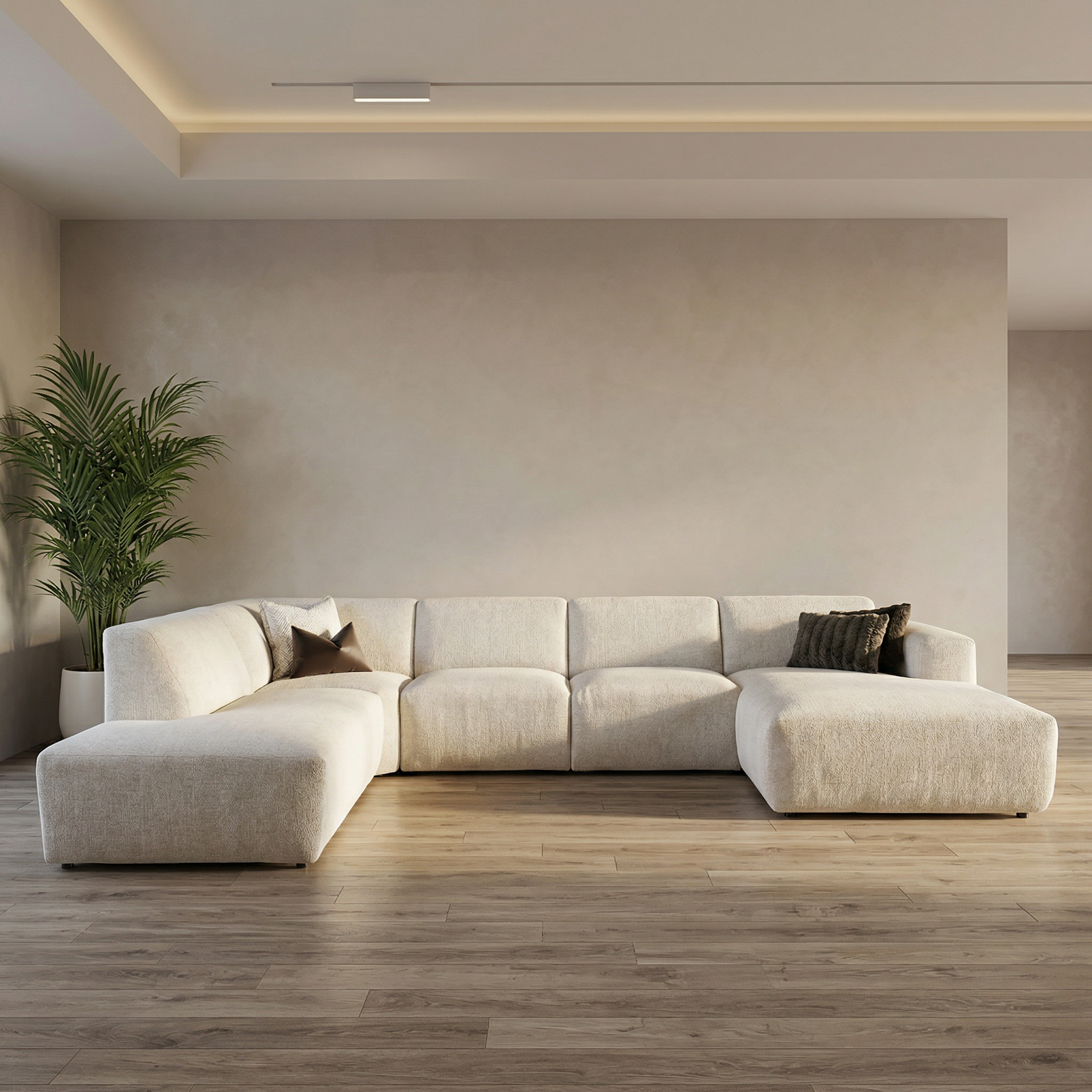 Minimalistische bankstel in moderne uitstraling, uitgevoerd in een strakke en tijdloze vormgeving. Afmeting circa 230 x 385 x 170 cm, ruim opgezet en geschikt voor een comfortabele zithoek.