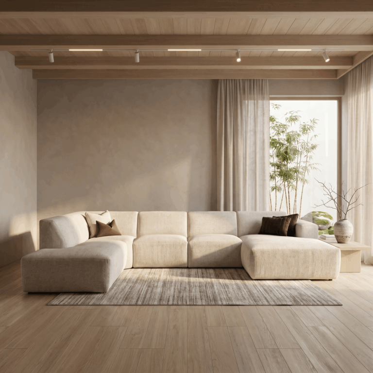 Bankstel Memo van voren gefotografeerd – moderne hoekbank in neutrale stof