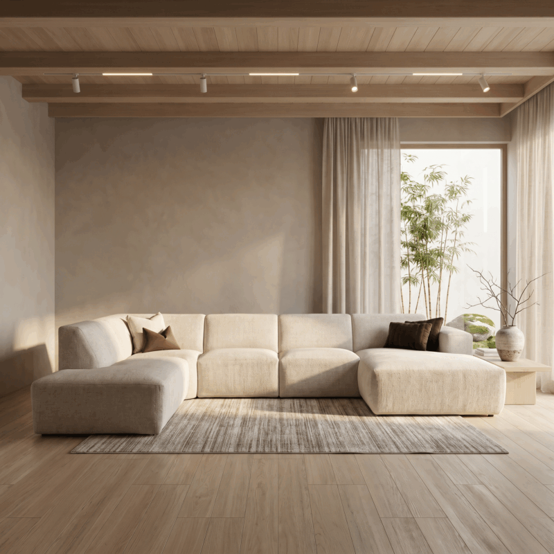 Bankstel Memo van voren gefotografeerd – moderne hoekbank in neutrale stof