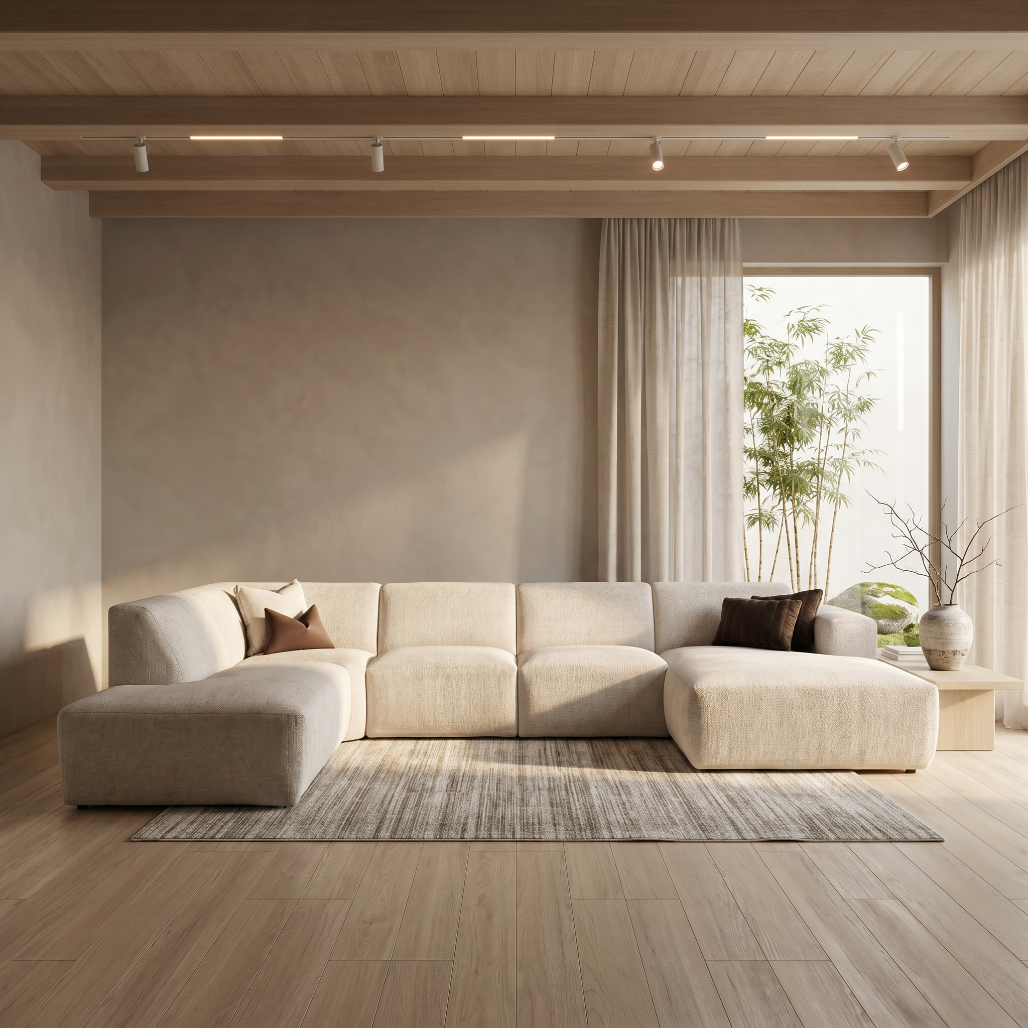 Bankstel Memo van voren gefotografeerd – moderne hoekbank in neutrale stof