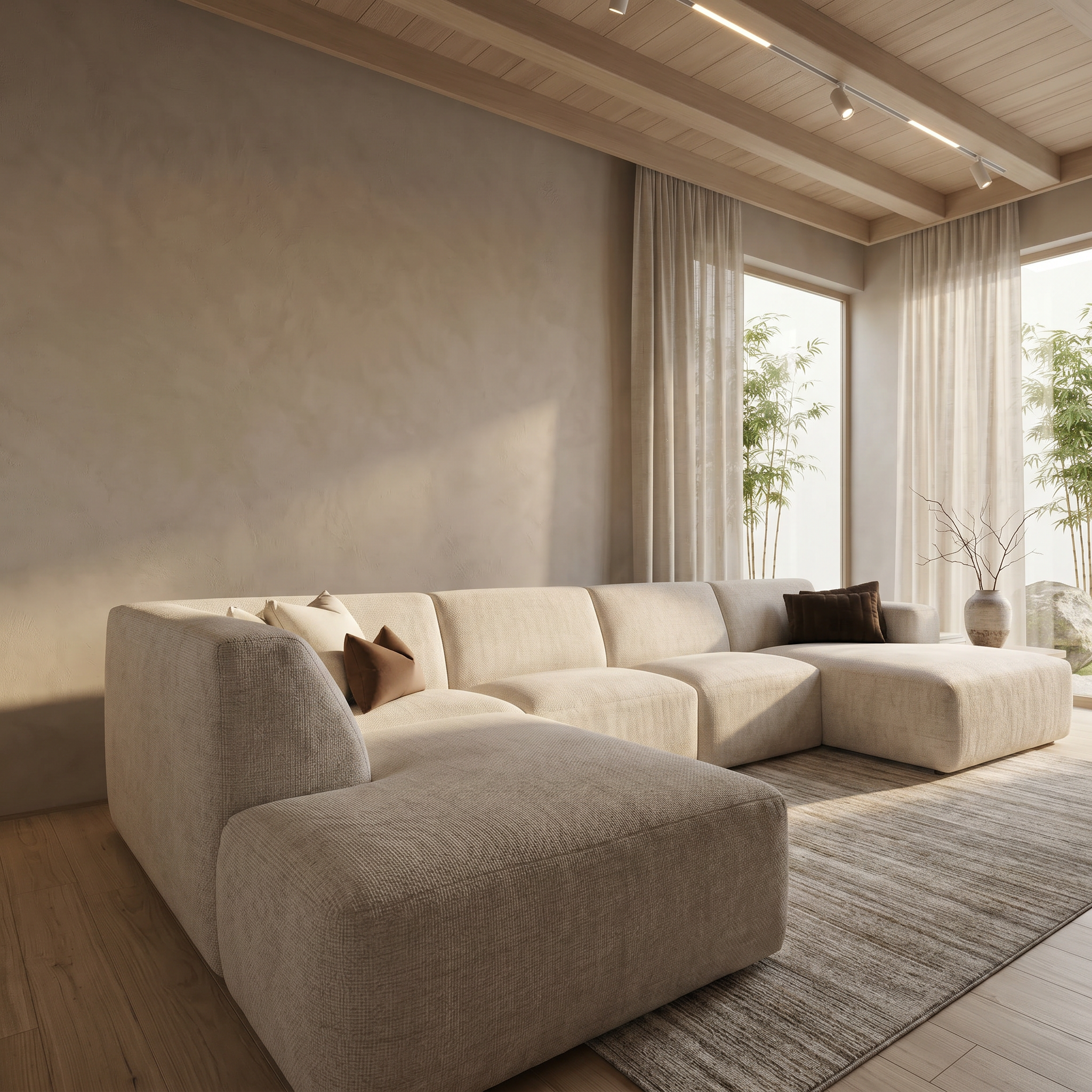 Bankstel Memo van links gefotografeerd – moderne hoekbank in neutrale stof