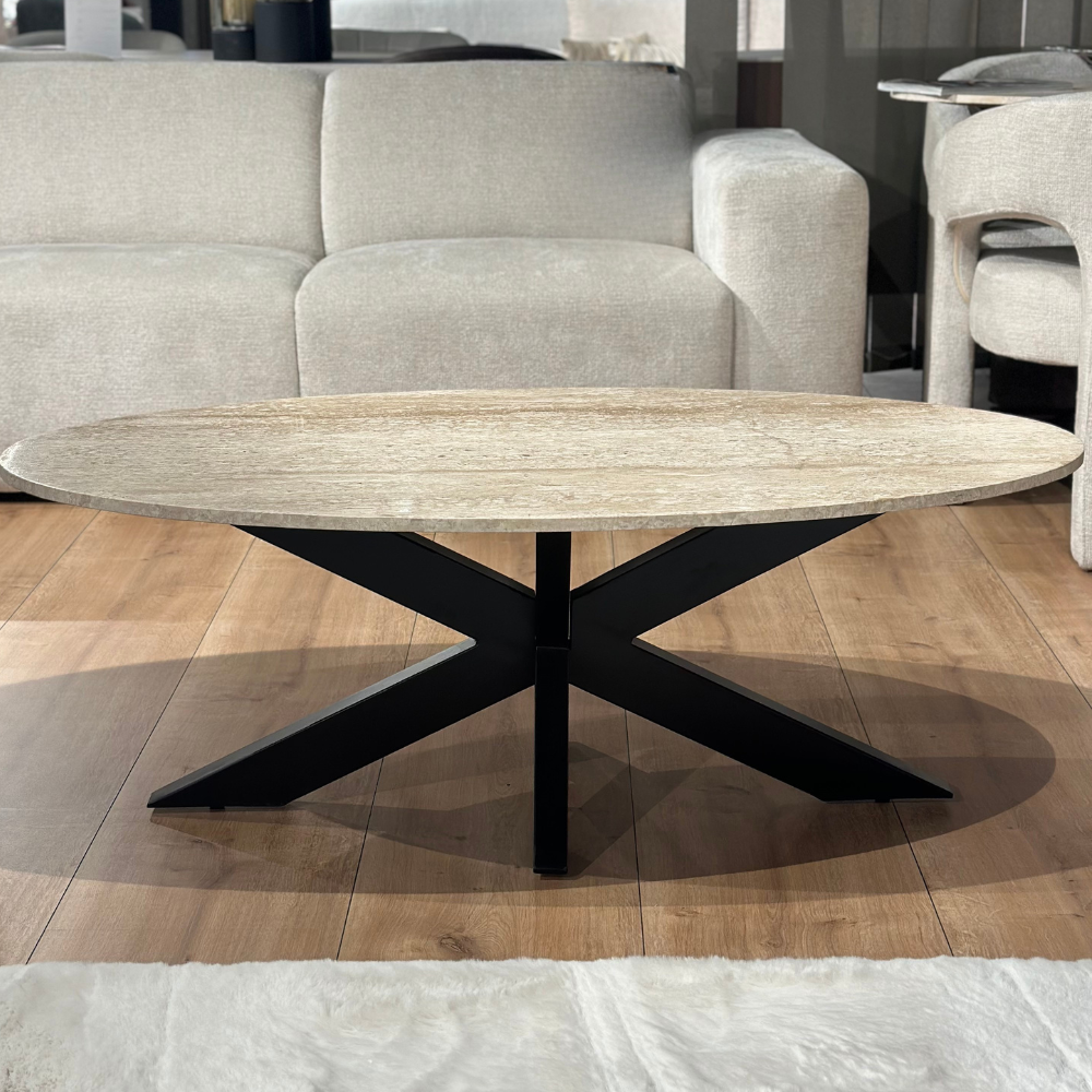 Travertin salontafel ovaal met zwarte poten – 130x70 cm