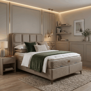 Fumat luxe twijfelaar boxspring 120x200 cm met hoog hoofdbord en orthopedisch matras.