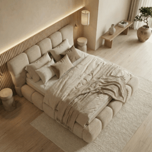 Merci bed schuin van boven gefotografeerd met luxe Japandi uitstraling