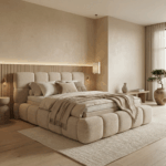 Merci bed in Japandi stijl met lage blokvormige afwerking en luxe uitstraling