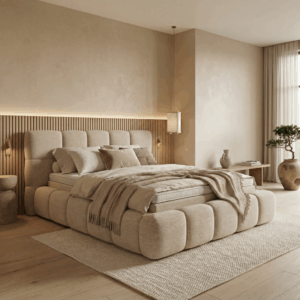 Merci bed in Japandi stijl met lage blokvormige afwerking en luxe uitstraling