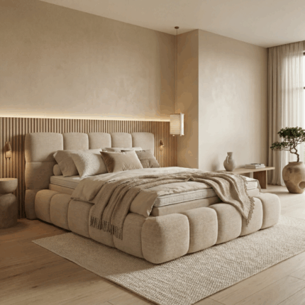 Merci bed in Japandi stijl met lage blokvormige afwerking en luxe uitstraling