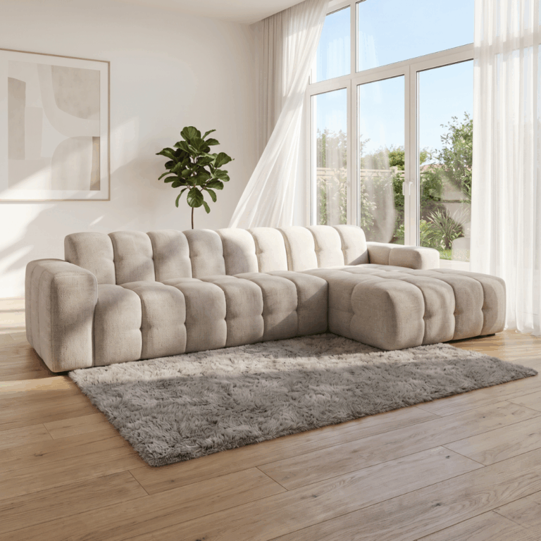 Bankstel Cloud met lounge in een moderne woonkamer, uitgevoerd in Genesis 3 stof.