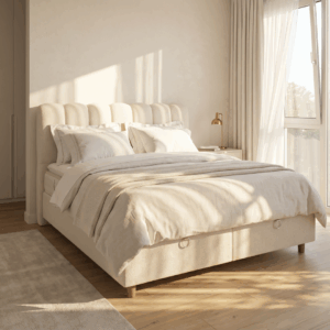 Bed Senna met zachte bekleding, inclusief matras en opbergruimte